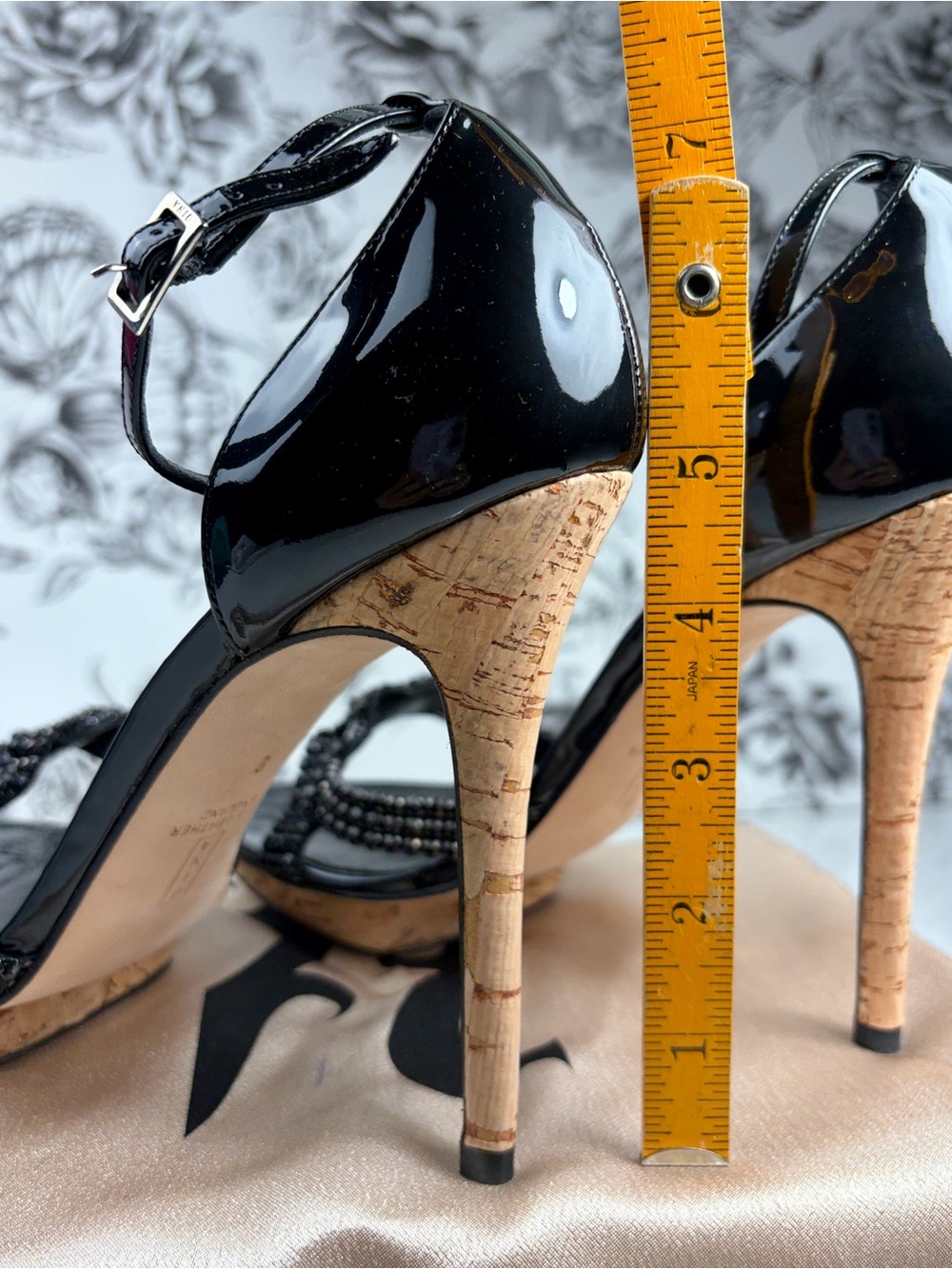 Gina Patent Leather 5” Cork Wrapped Platform Heel w/ Rhinestone Strap, Sz 11 - Picture 7 of 9